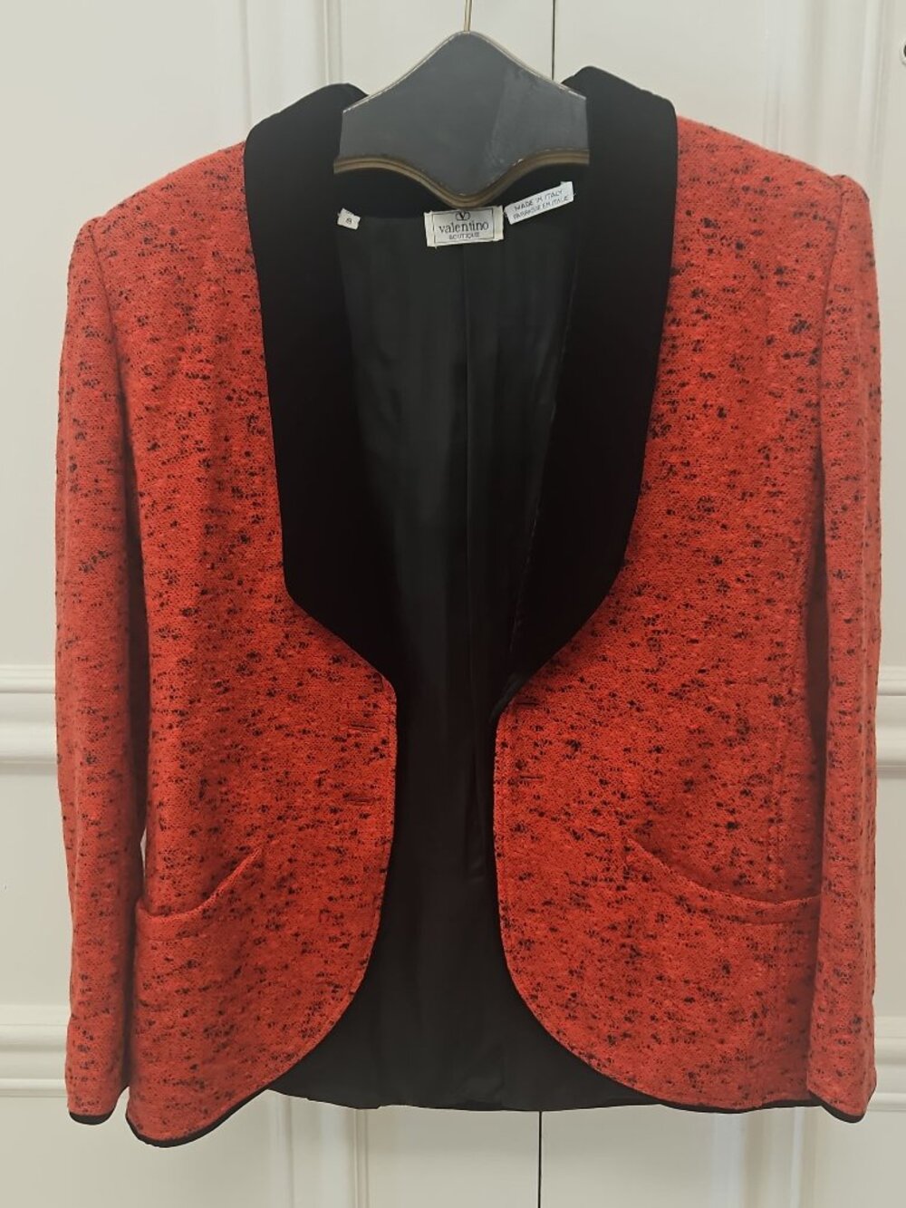 Vintage Valentino Boutique 70s Red Boucle Smoking Blazer Velvet Shawl
